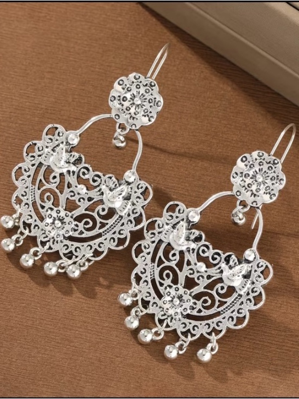 Delicate Silver Tone Filigree Chandelier Earrings for Women